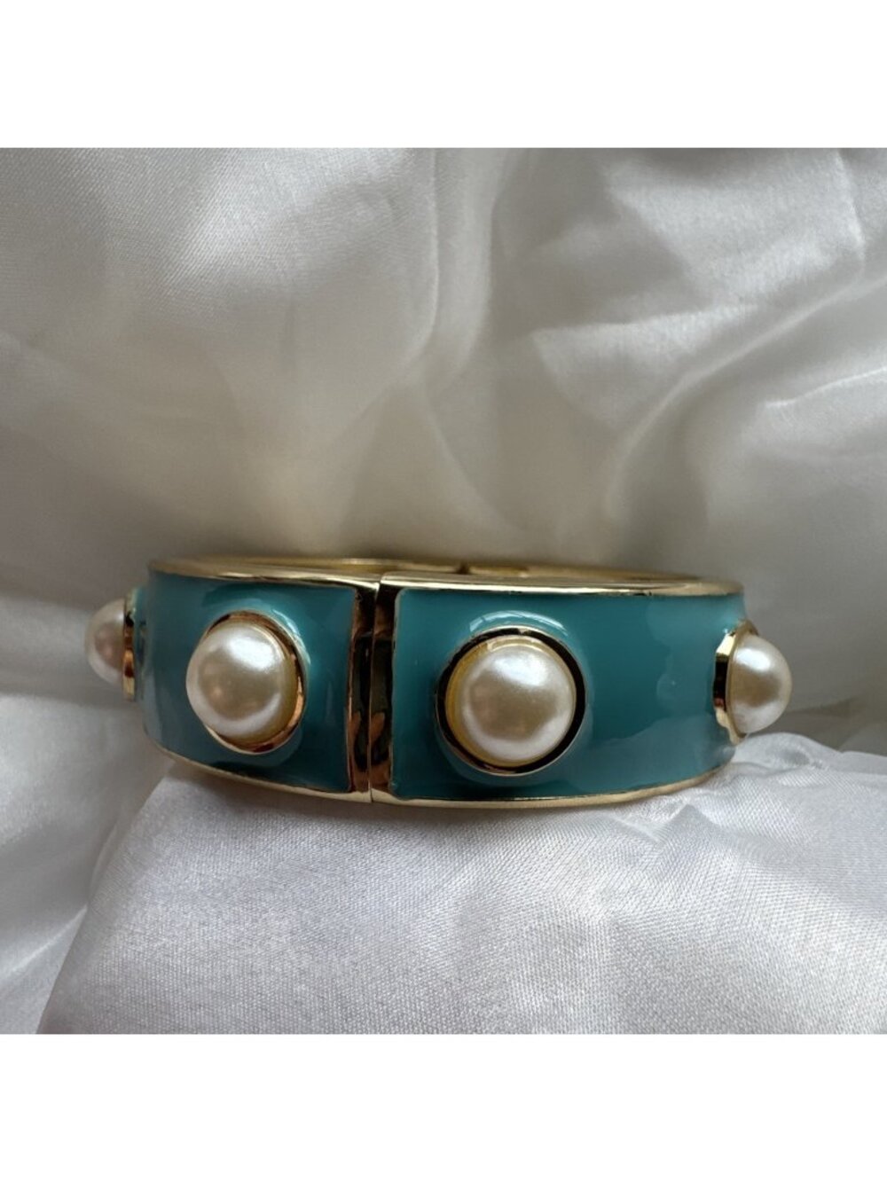 Sequin NYC Brand 3/4" Teal Blue Green Pearl Enamel Bracelet Hinged Bangle NEW